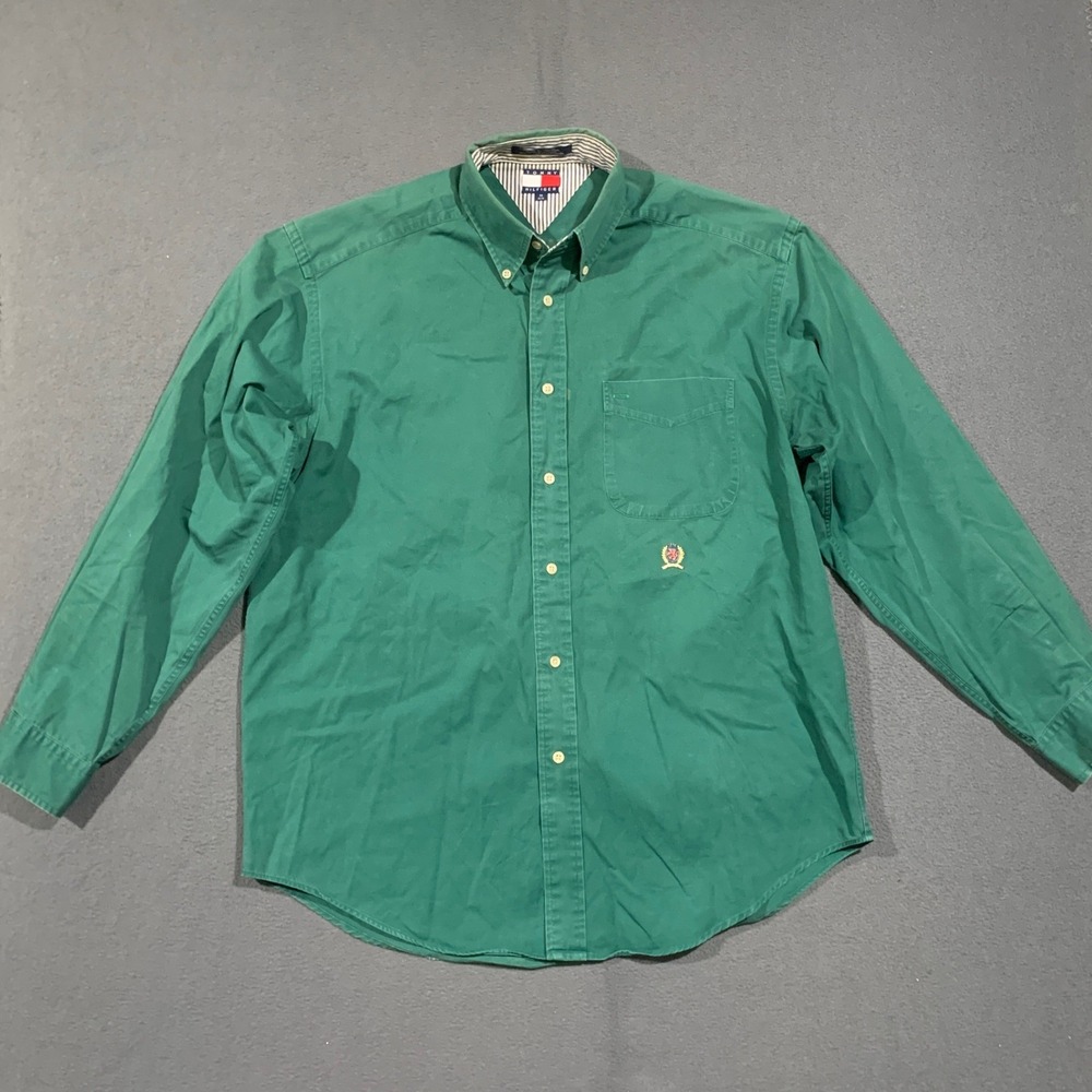Tommy Hilfiger Button Down Shirt Mens Medium Green Crest Logo Long Sleeve Cotton